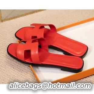 Classic Hot Hermes Oran Classic Smooth Calfskin Flat Slide Sandals Red 0527153