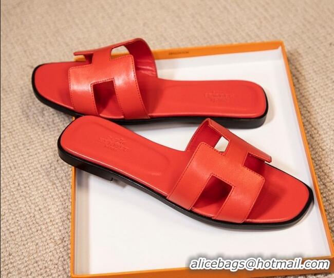 Classic Hot Hermes Oran Classic Smooth Calfskin Flat Slide Sandals Red 0527153