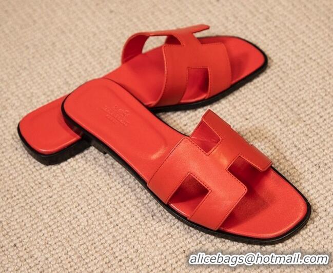 Classic Hot Hermes Oran Classic Smooth Calfskin Flat Slide Sandals Red 0527153