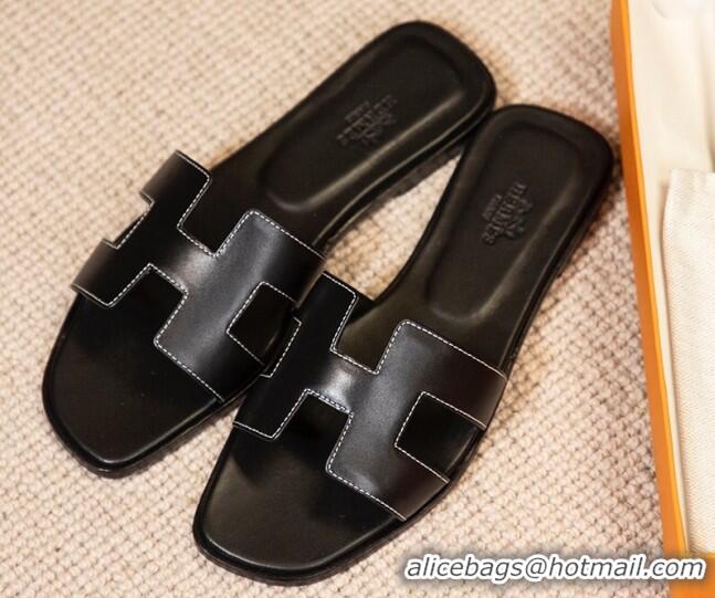 Good Quality Hermes Oran Classic Smooth Calfskin Flat Slide Sandals Black 0527154