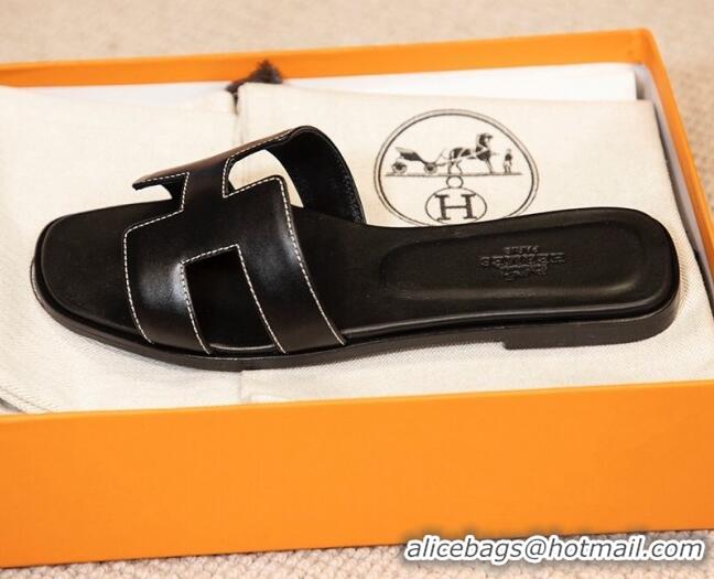 Good Quality Hermes Oran Classic Smooth Calfskin Flat Slide Sandals Black 0527154