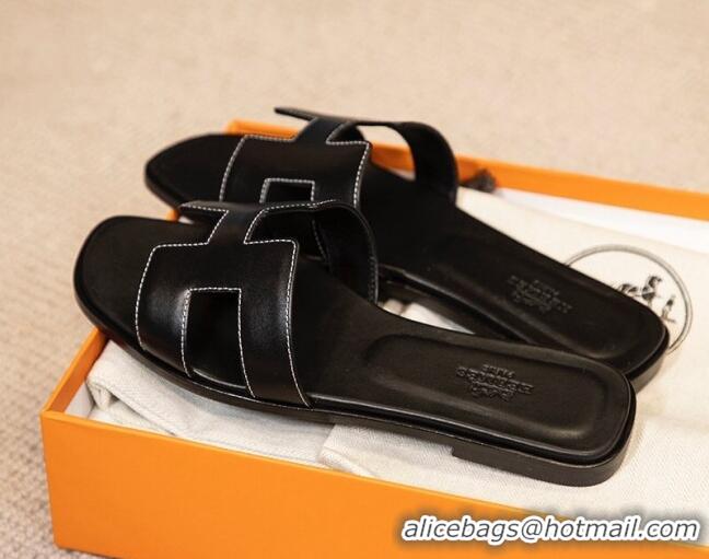 Good Quality Hermes Oran Classic Smooth Calfskin Flat Slide Sandals Black 0527154