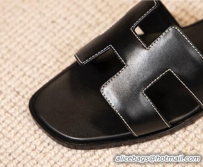 Good Quality Hermes Oran Classic Smooth Calfskin Flat Slide Sandals Black 0527154