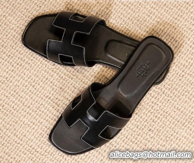 Good Quality Hermes Oran Classic Smooth Calfskin Flat Slide Sandals Black 0527154