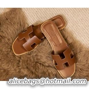 Stylish Hermes Oran Classic Smooth Calfskin Flat Slide Sandals Brown 0527155