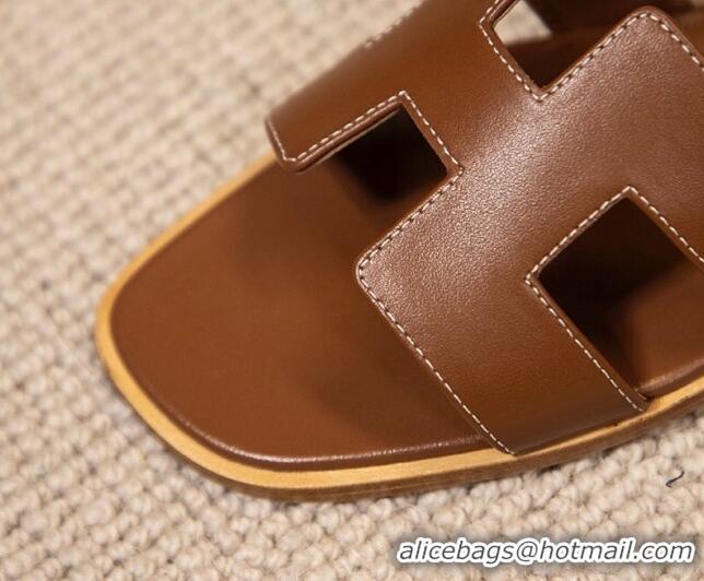 Stylish Hermes Oran Classic Smooth Calfskin Flat Slide Sandals Brown 0527155