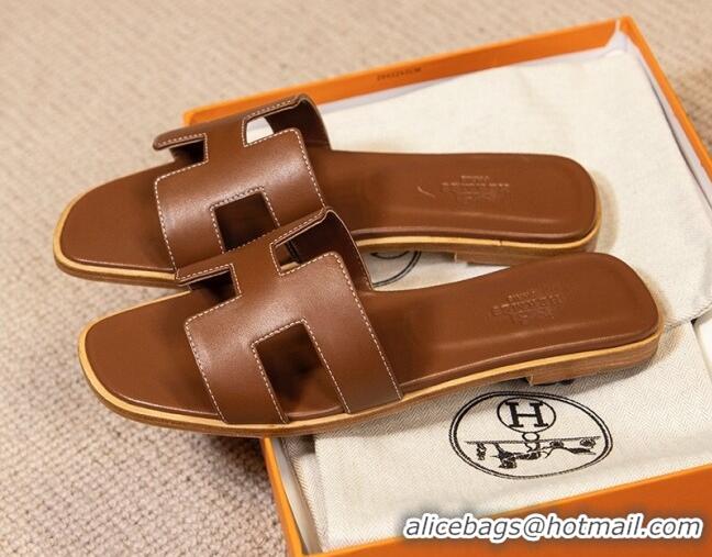 Stylish Hermes Oran Classic Smooth Calfskin Flat Slide Sandals Brown 0527155