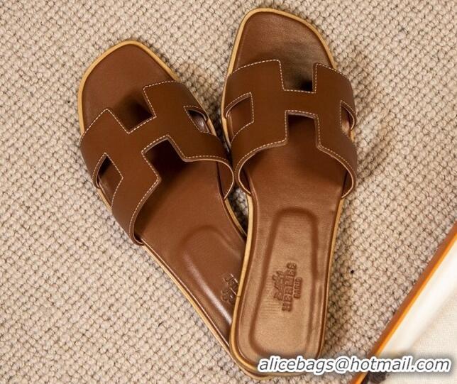 Stylish Hermes Oran Classic Smooth Calfskin Flat Slide Sandals Brown 0527155