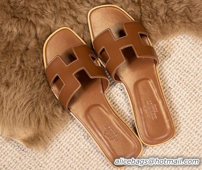 Stylish Hermes Oran Classic Smooth Calfskin Flat Slide Sandals Brown 0527155