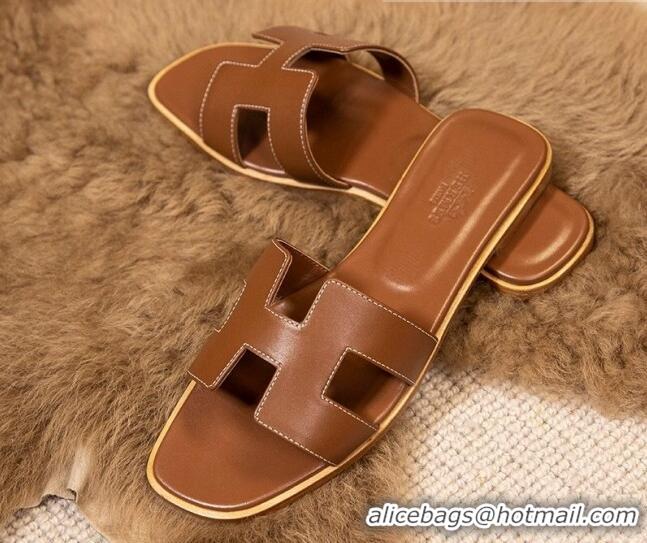 Stylish Hermes Oran Classic Smooth Calfskin Flat Slide Sandals Brown 0527155