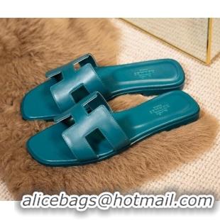 Perfect Hermes Oran Classic Smooth Calfskin Flat Slide Sandals Blue 0527156