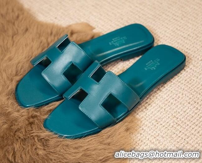 Perfect Hermes Oran Classic Smooth Calfskin Flat Slide Sandals Blue 0527156