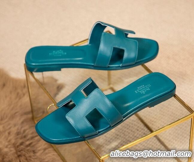 Perfect Hermes Oran Classic Smooth Calfskin Flat Slide Sandals Blue 0527156