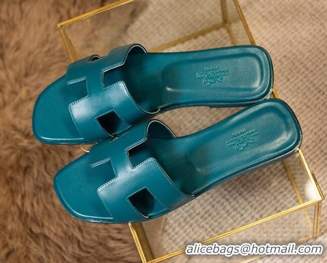 Perfect Hermes Oran Classic Smooth Calfskin Flat Slide Sandals Blue 0527156