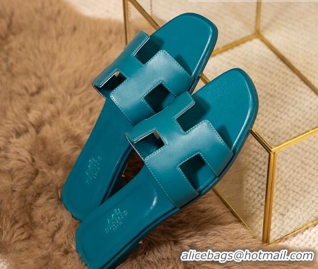 Perfect Hermes Oran Classic Smooth Calfskin Flat Slide Sandals Blue 0527156