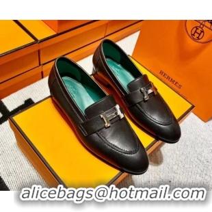 Discount Hermes Pairs Loafer in Calfskin Black/Geen 611053