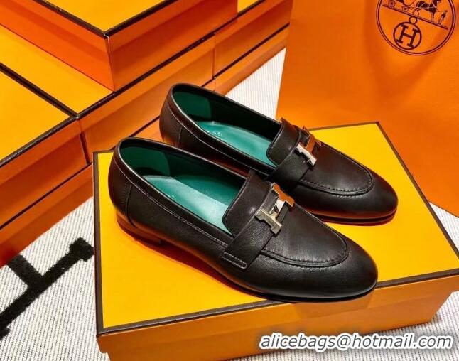 Discount Hermes Pairs Loafer in Calfskin Black/Geen 611053