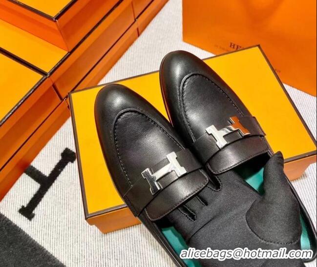 Discount Hermes Pairs Loafer in Calfskin Black/Geen 611053