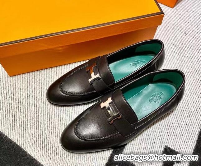 Discount Hermes Pairs Loafer in Calfskin Black/Geen 611053