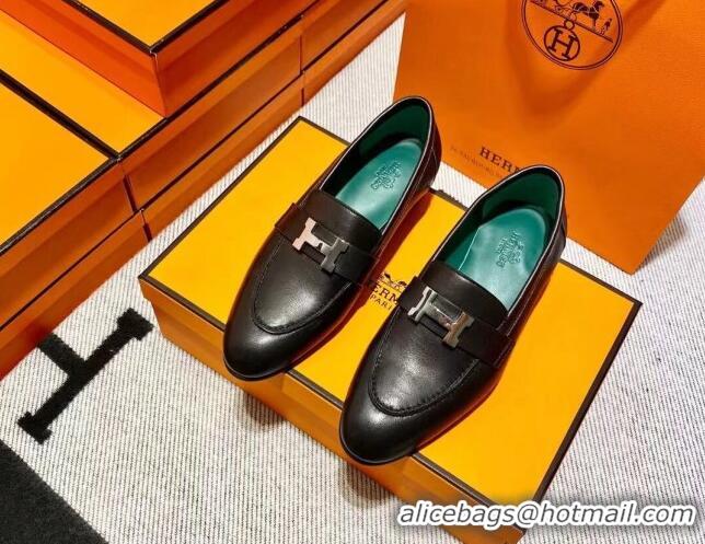 Discount Hermes Pairs Loafer in Calfskin Black/Geen 611053