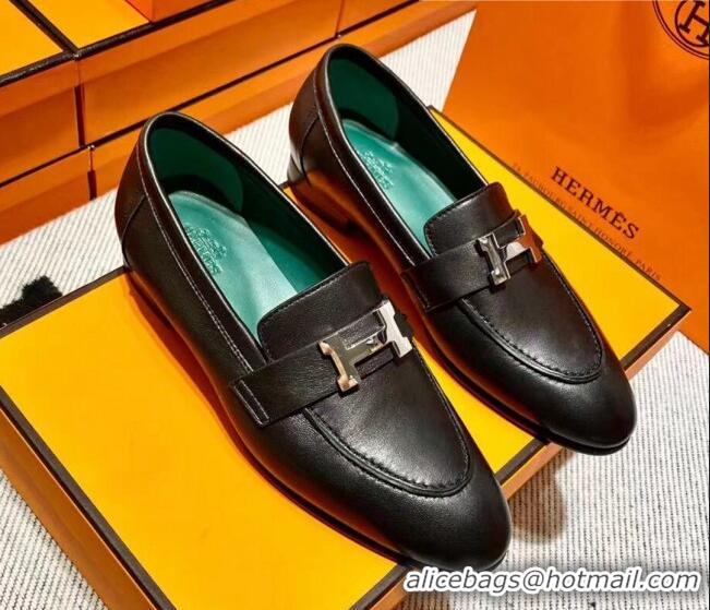 Discount Hermes Pairs Loafer in Calfskin Black/Geen 611053