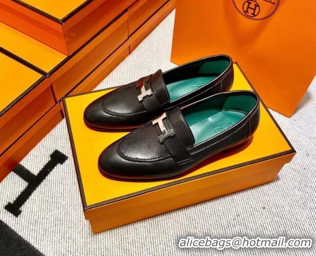 Discount Hermes Pairs Loafer in Calfskin Black/Geen 611053