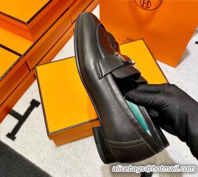 Discount Hermes Pairs Loafer in Calfskin Black/Geen 611053