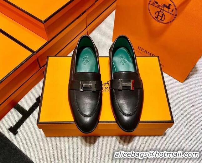 Discount Hermes Pairs Loafer in Calfskin Black/Geen 611053