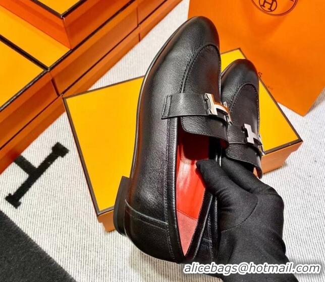 Best Product Hermes Pairs Loafer in Calfskin Black/Red 0611054