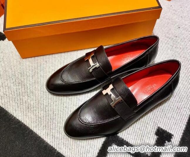 Best Product Hermes Pairs Loafer in Calfskin Black/Red 0611054