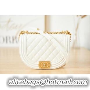 Pretty Style SMALL BOY CHANEL MESSENGER BAG Grained Calfskin & Gold-Tone Metal AS3350 white