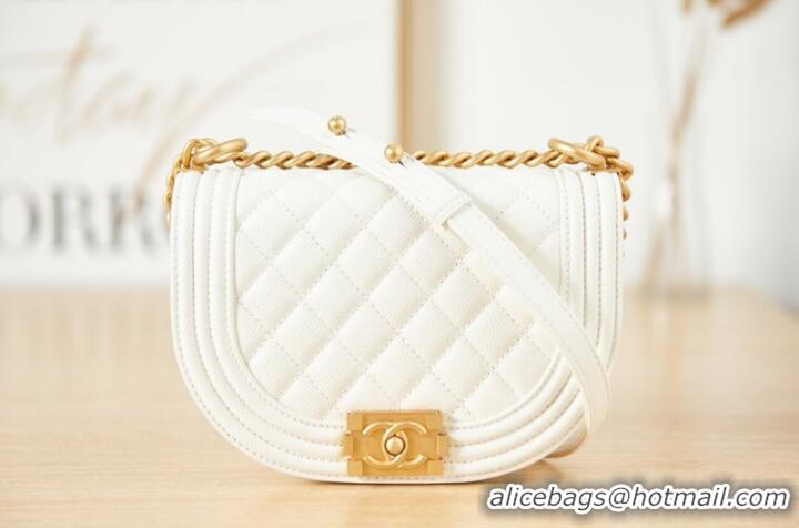 Pretty Style SMALL BOY CHANEL MESSENGER BAG Grained Calfskin & Gold-Tone Metal AS3350 white