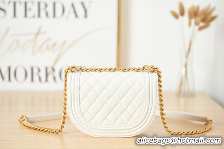 Pretty Style SMALL BOY CHANEL MESSENGER BAG Grained Calfskin & Gold-Tone Metal AS3350 white