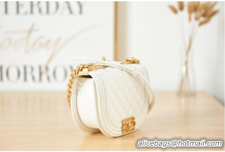 Pretty Style SMALL BOY CHANEL MESSENGER BAG Grained Calfskin & Gold-Tone Metal AS3350 white