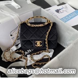 New Style Chanel SMALL FLAP BAG Velvet & Gold-Tone Metal AS3450 black