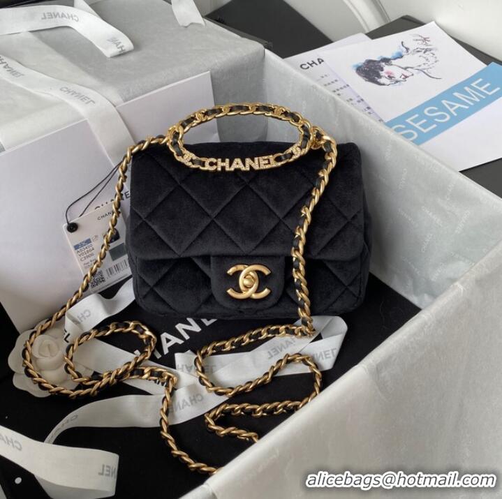 New Style Chanel SMALL FLAP BAG Velvet & Gold-Tone Metal AS3450 black