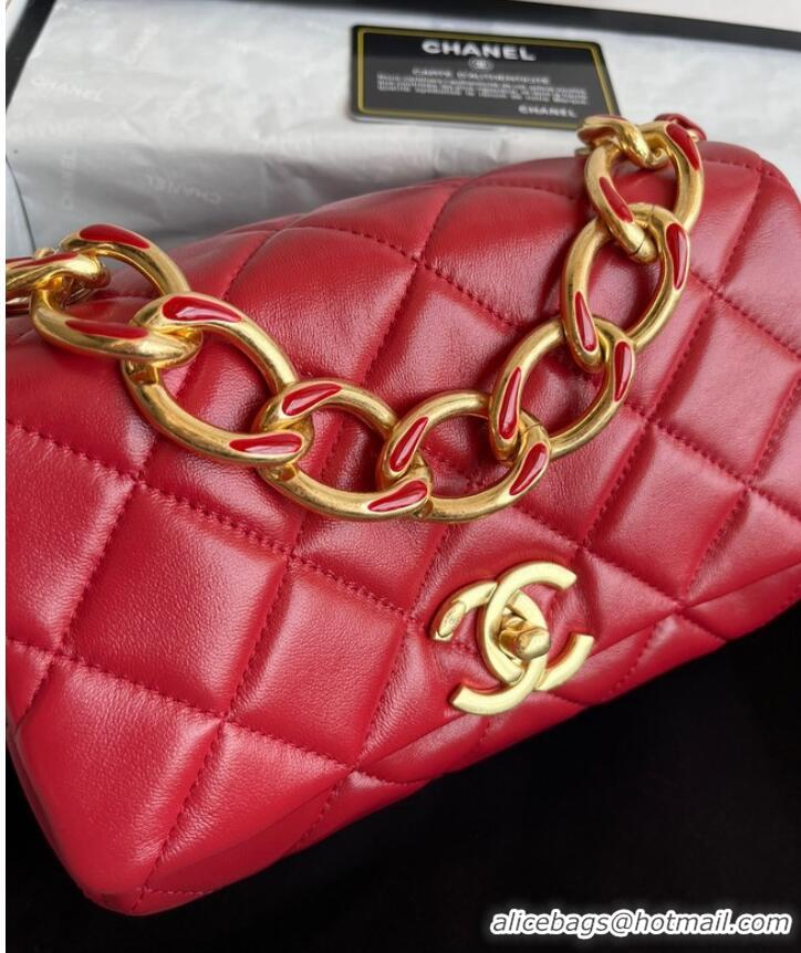 Famous Brand Chanel FLAP BAG Lambskin & Gold-Tone Metal AS3366 red