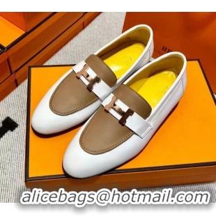 Perfect Hermes Pairs Loafer in Calfskin White/Brown 0611062