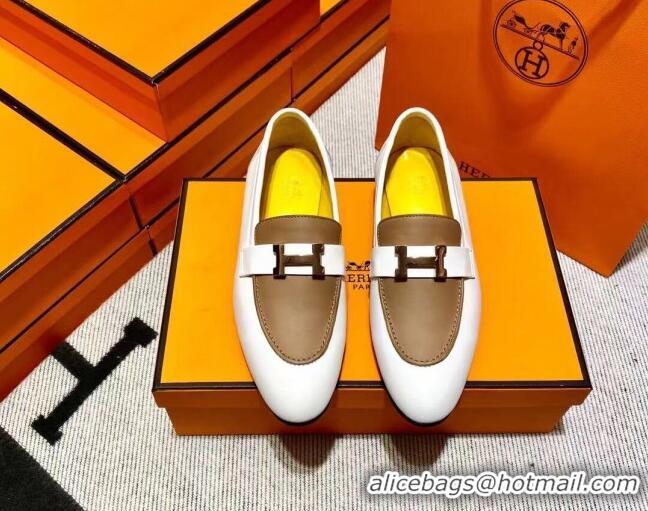 Perfect Hermes Pairs Loafer in Calfskin White/Brown 0611062