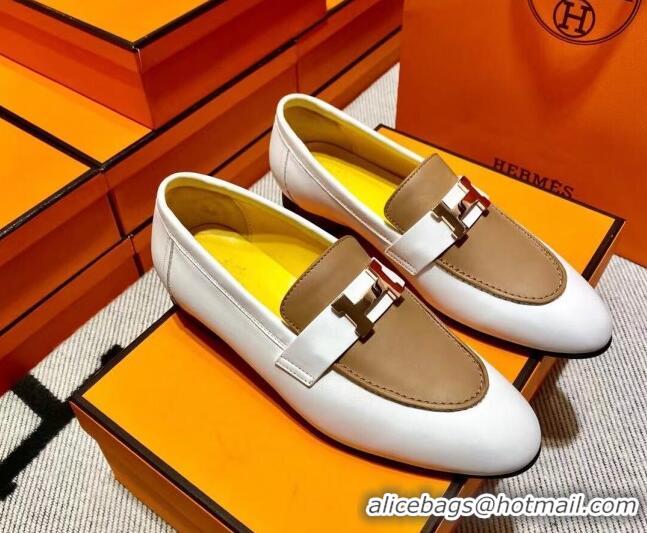 Perfect Hermes Pairs Loafer in Calfskin White/Brown 0611062