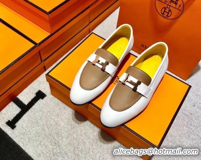 Perfect Hermes Pairs Loafer in Calfskin White/Brown 0611062