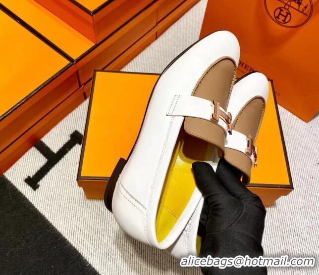 Perfect Hermes Pairs Loafer in Calfskin White/Brown 0611062