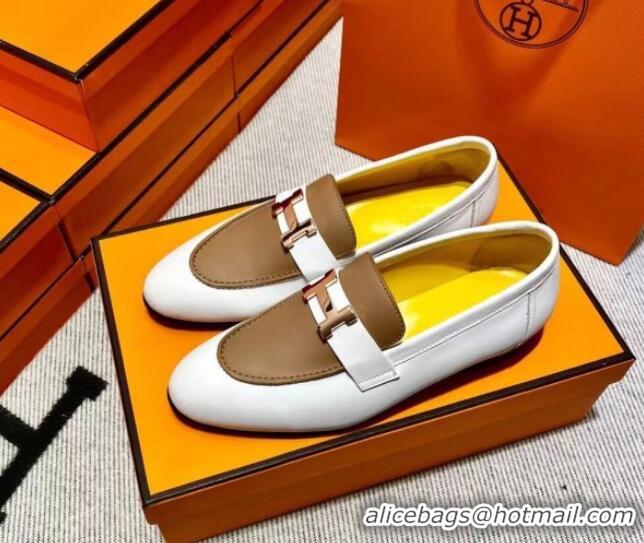 Perfect Hermes Pairs Loafer in Calfskin White/Brown 0611062