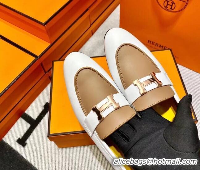 Perfect Hermes Pairs Loafer in Calfskin White/Brown 0611062