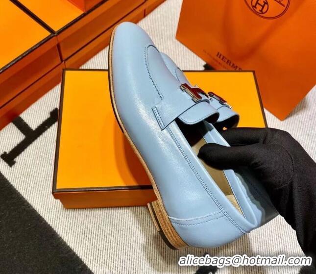 Sophisticated Hermes Pairs Loafer in Calfskin Baby Blue/Brown 0611070