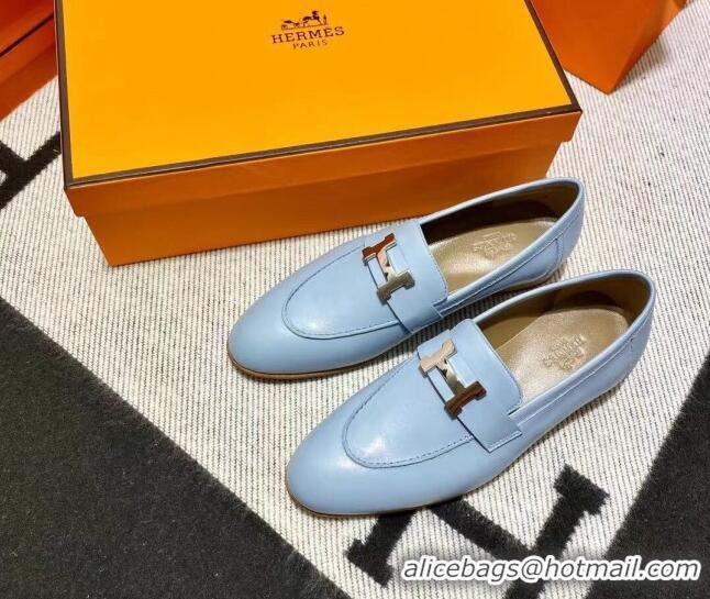 Sophisticated Hermes Pairs Loafer in Calfskin Baby Blue/Brown 0611070