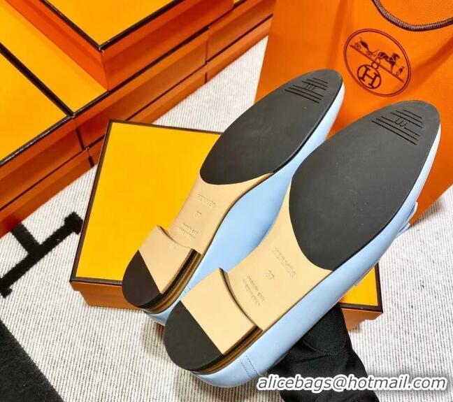 Duplicate Hermes Royal Loafer in Calfskin Baby Blue/Brown 611071