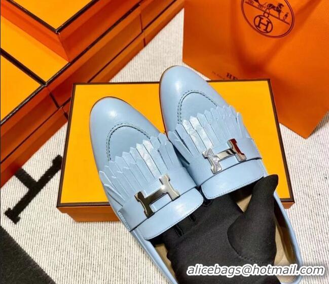 Duplicate Hermes Royal Loafer in Calfskin Baby Blue/Brown 611071