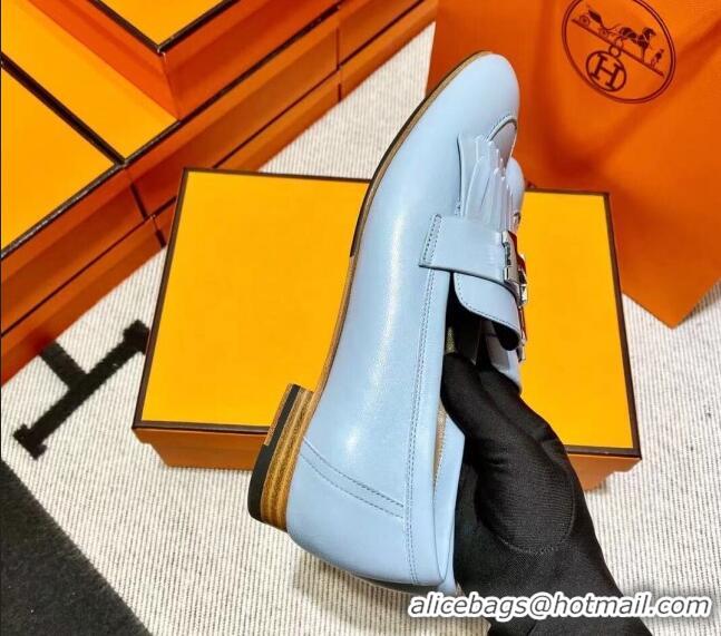 Duplicate Hermes Royal Loafer in Calfskin Baby Blue/Brown 611071