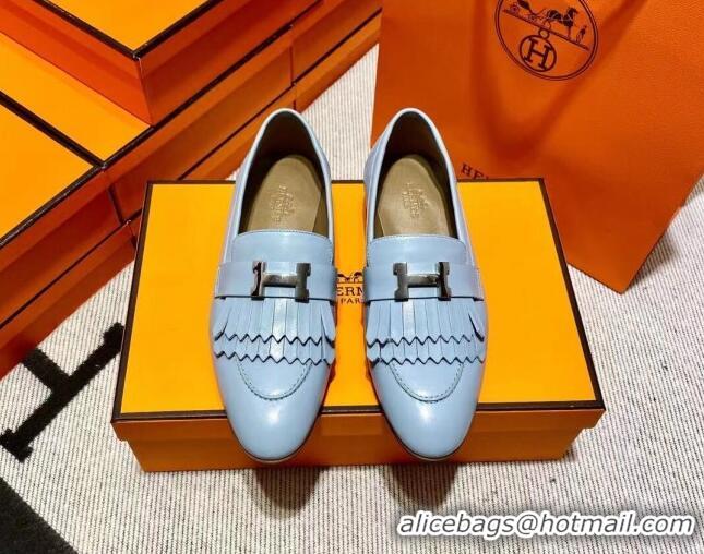 Duplicate Hermes Royal Loafer in Calfskin Baby Blue/Brown 611071